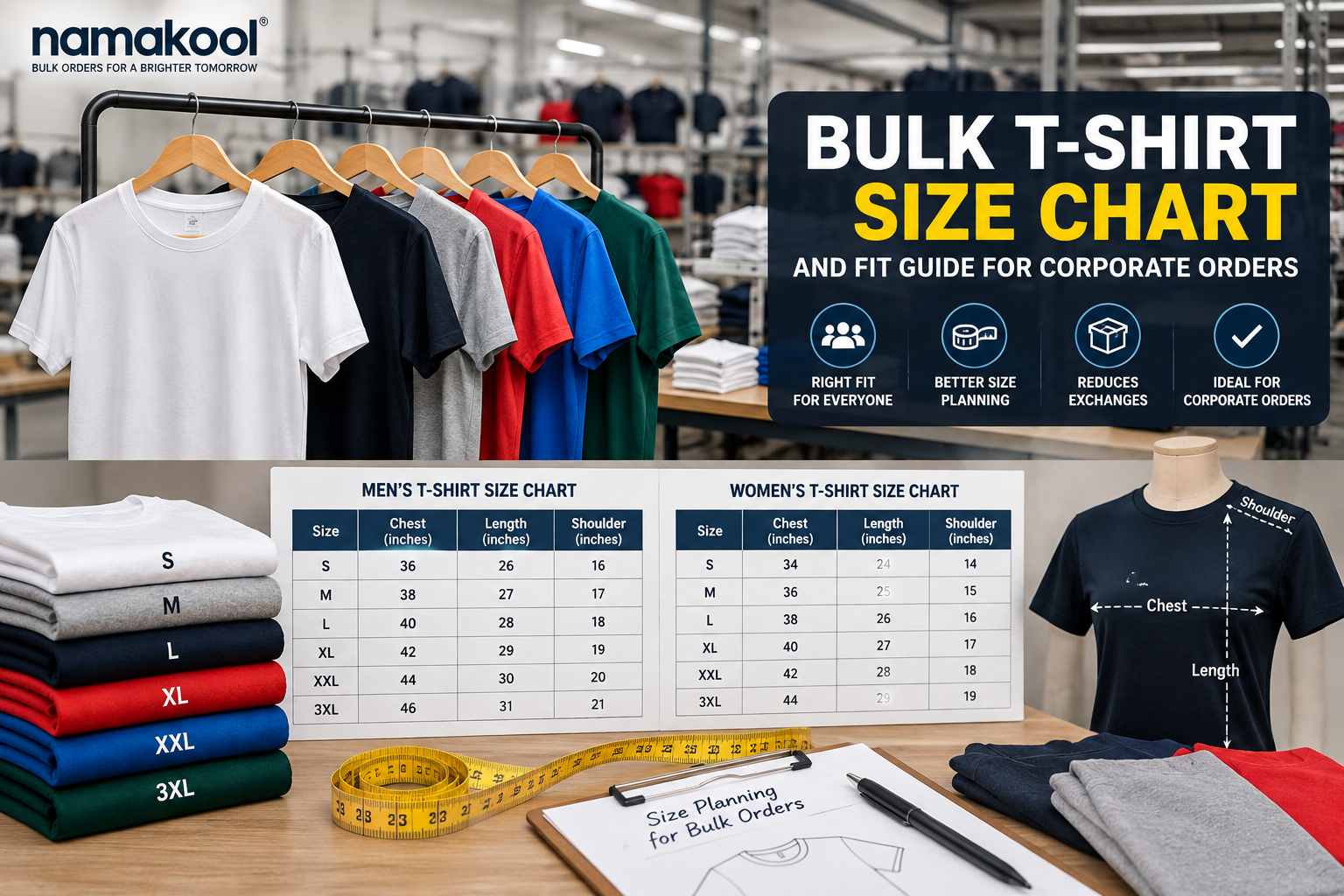 Namakool illustrative diagram for bulk T-shirt garment measurements